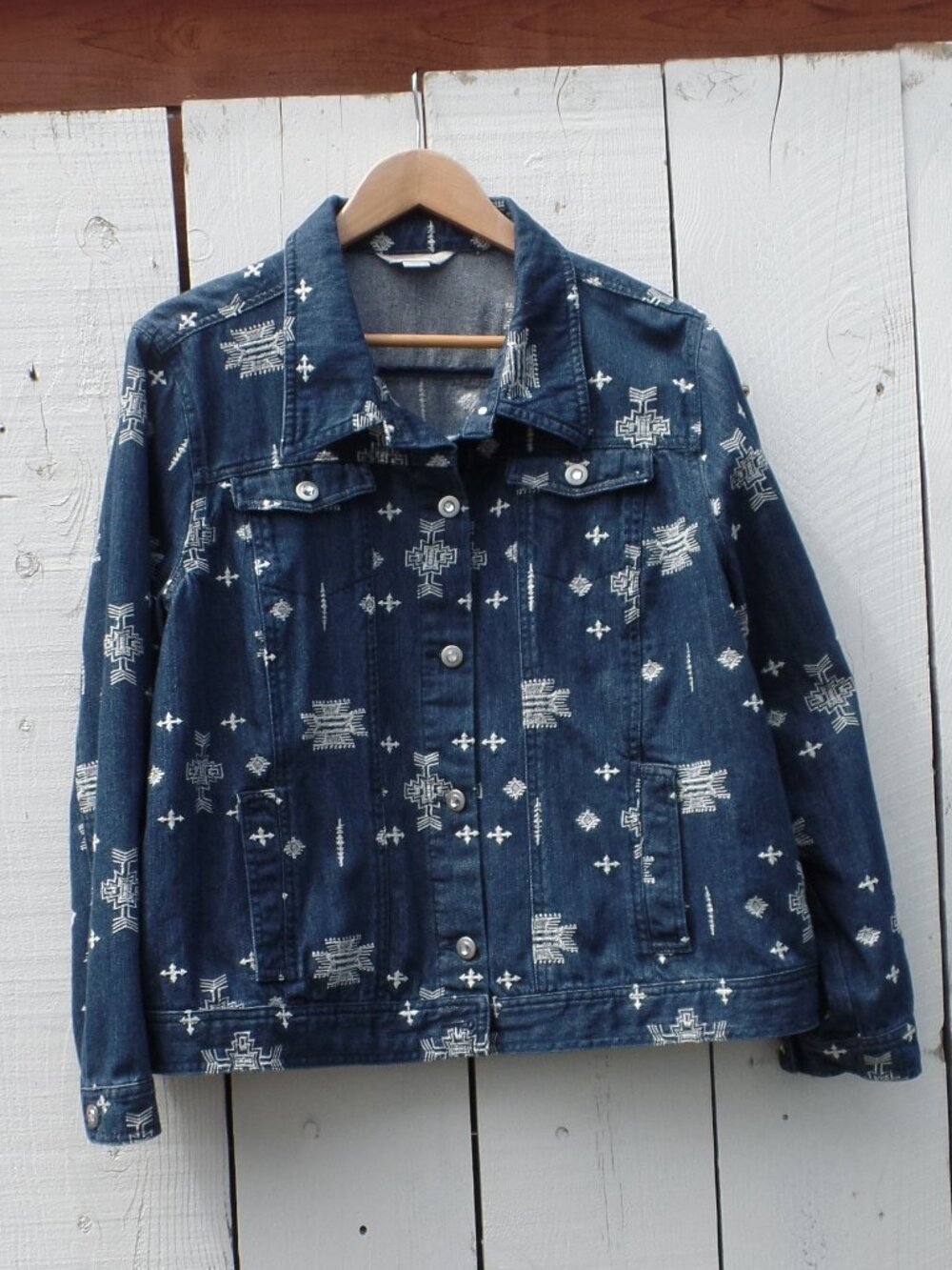 Laura Ashley Denim Bomber Southwest Embroidered Rhinestone Button Jean Jacket 2X